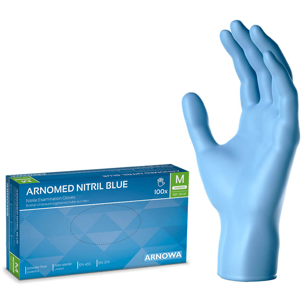 351-m Produktverpackung der ARNOMED NITRIL BLUE. Auf der rechten Seite sind die blauen Nitril Handschuhe abgebildet. Die linke Seite zeigt die Produktverpackung der Nitril Handschuhe in der Größe M.