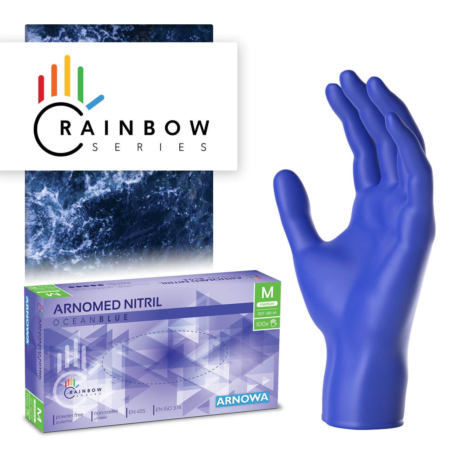 381-M Produktverpackung der ARNOMED NITRIL OCEAN BLUE. Auf der rechten Seite sind die dunkelblauen Nitril Handschuhe abgebildet. Die linke Seite zeigt die Produktverpackung der Nitril Handschuhe in der Größe M.