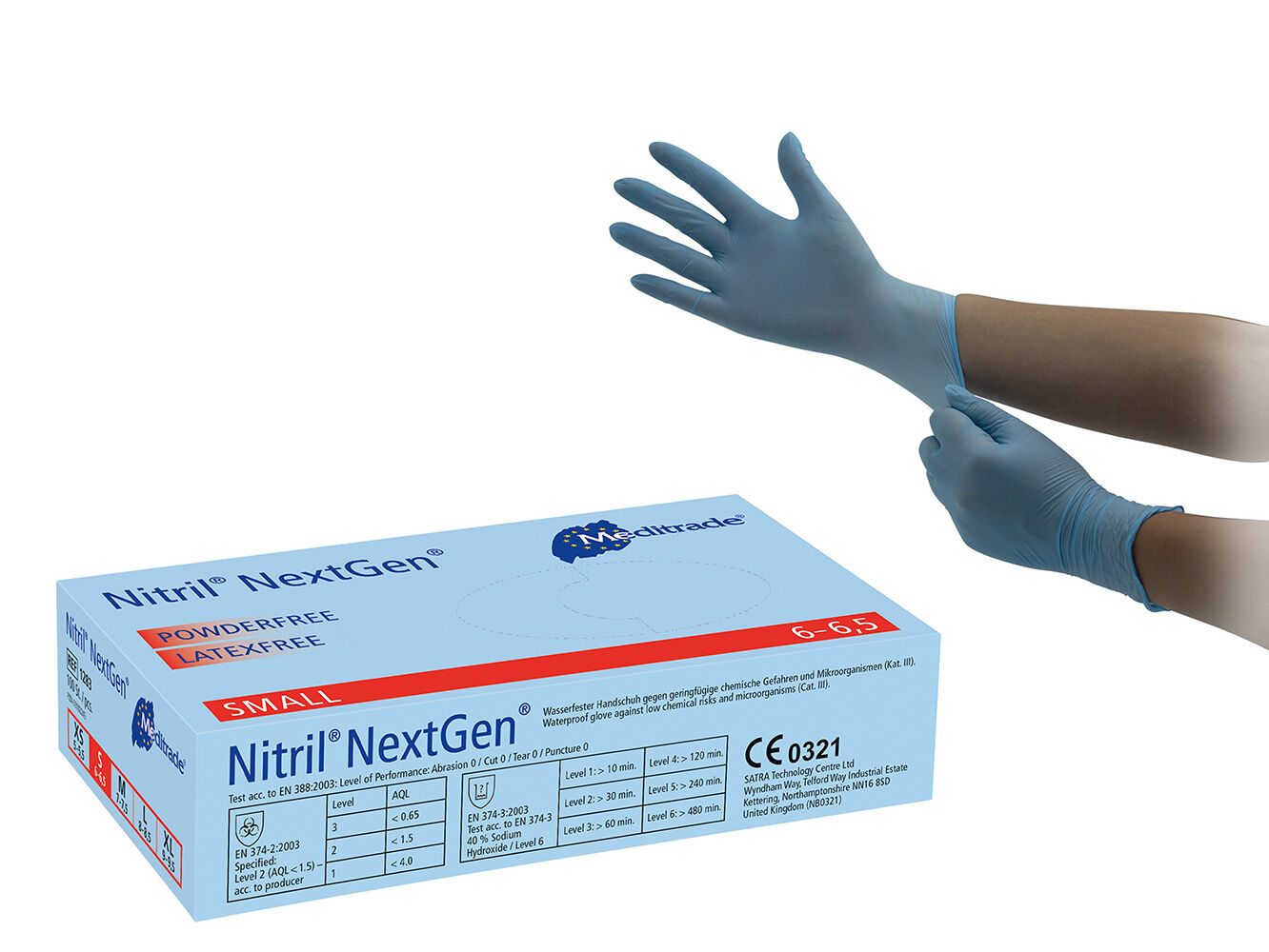 Meditrade Nitril Next Gen - Nitrilhandschuhe Auf der linken Seite ist die Produktverpackung der hellblauen Nitrilhandschuhe von Meditrade zu sehen. Auf der rechten Seite sind die Hände einer Person abgebildet, die sich die Nitrilhandschuhe anzieht.