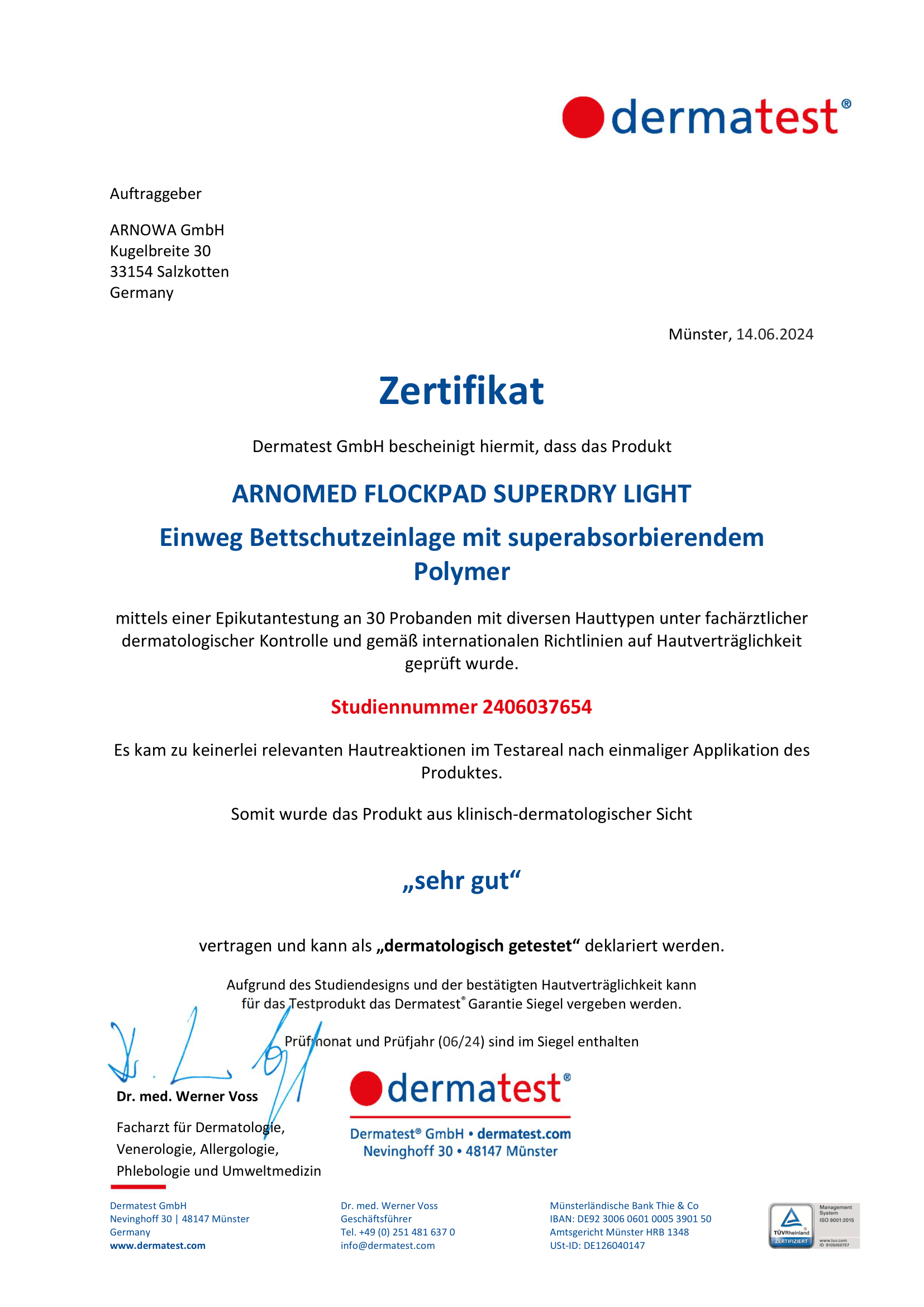 Dermatest Zertifikat für Krankenunterlagen Dermatest Zertifikat für Krankenunterlagen