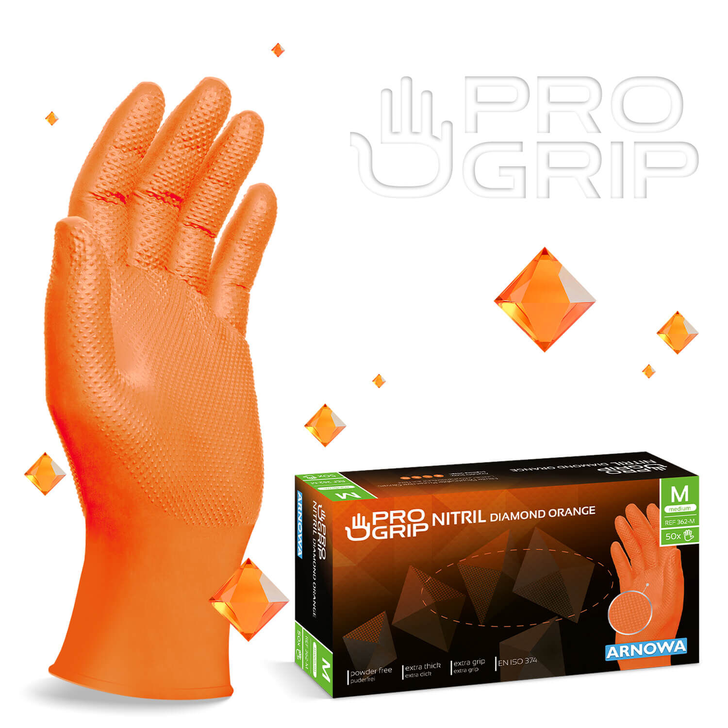 Produktverpackung der PROGRIP NITRIL DIAMOND ORANGE. Auf der rechten Seite sind die orangefarbenen Nitril Handschuhe abgebildet. Die linke Seite zeigt die Produktverpackung der Nitril Handschuhe in der Größe M.