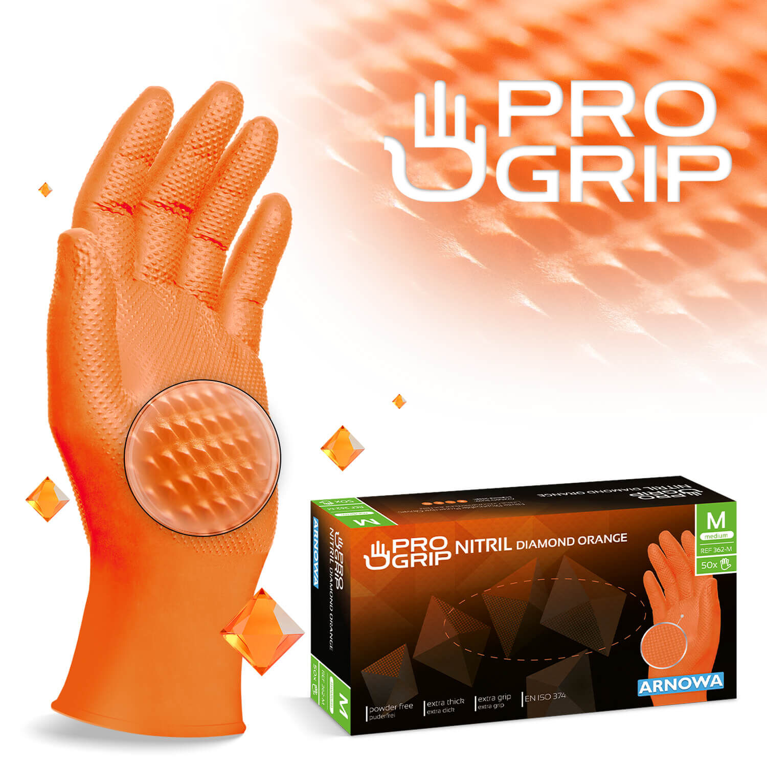 362_ProGrip_M Produktverpackung der PROGRIP NITRIL DIAMOND ORANGE. Auf der rechten Seite sind die orangefarbenen Nitril Handschuhe abgebildet. Die linke Seite zeigt die Produktverpackung der Nitril Handschuhe in der Größe M.