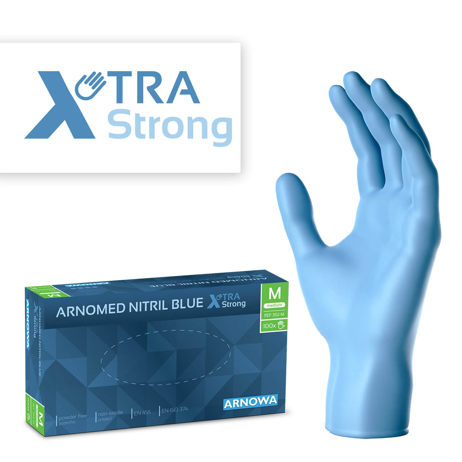 Produktverpackung der ARNOMED NITRIL BLUE XTRA STRONG. Auf der rechten Seite sind die extra dicken Nitril Handschuhe abgebildet. Die linke Seite zeigt die Produktverpackung der Nitril Handschuhe in der Größe M.