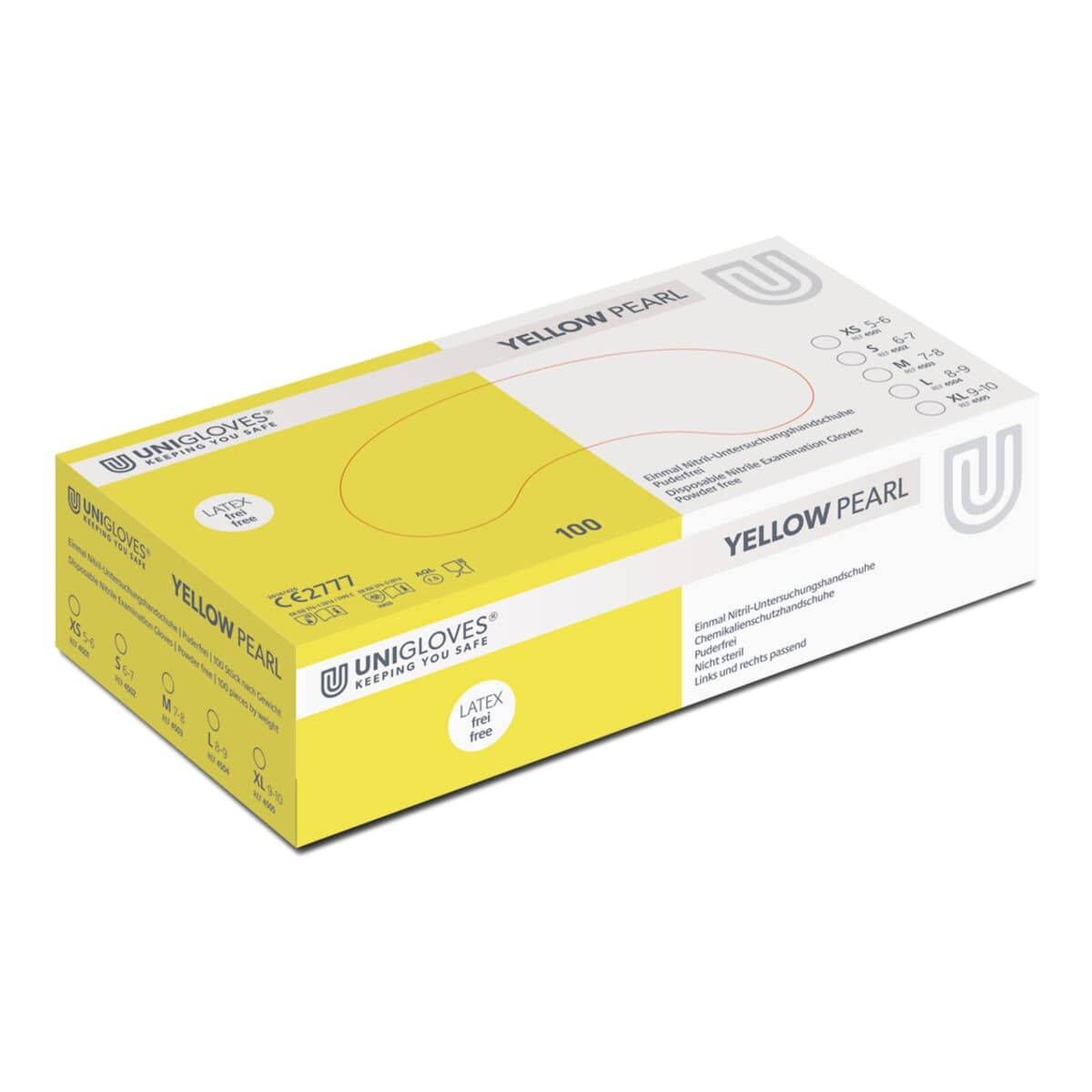 Produktverpackung der Yellow Pearl Nitrilhandschuhe von Unigloves