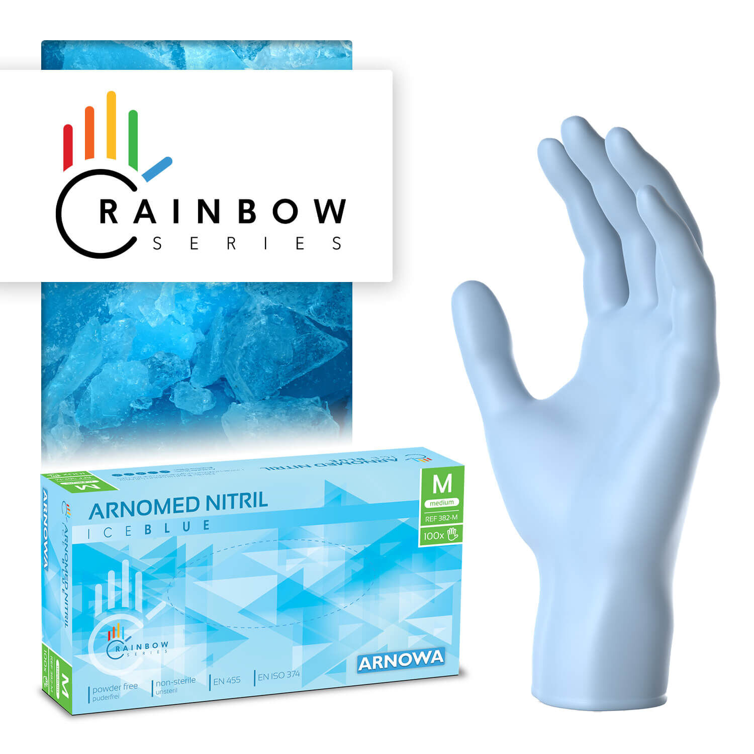 382-M Produktverpackung der ARNOMED NITRIL ICE BLUE. Auf der rechten Seite sind die hellblauen Nitril Handschuhe abgebildet. Die linke Seite zeigt die Produktverpackung der Nitril Handschuhe in der Größe M.