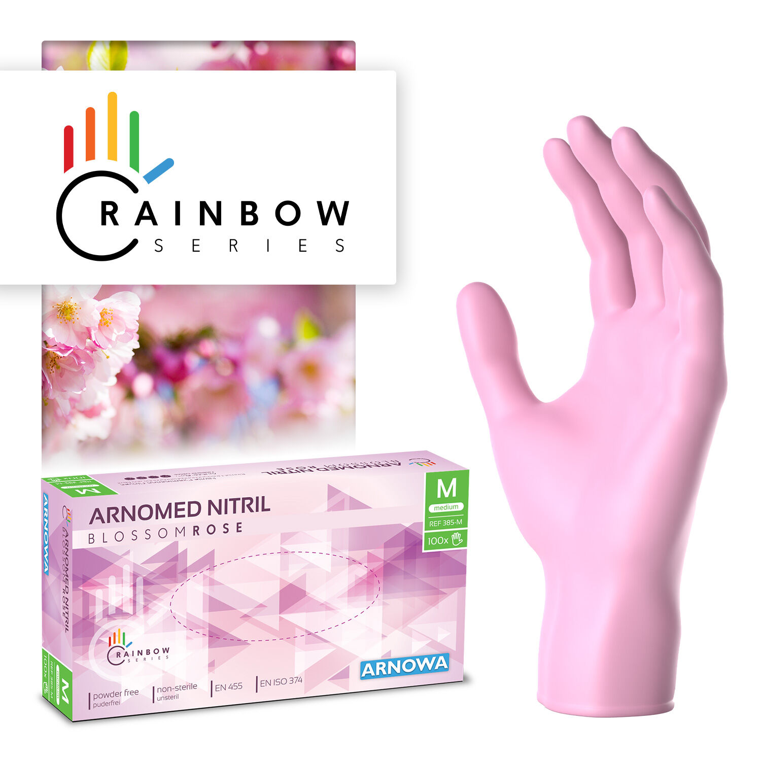 385-M Produktverpackung der ARNOMED NITRIL BLOSSOM ROSE. Auf der rechten Seite sind die rosafarbenen Nitril Handschuhe abgebildet. Die linke Seite zeigt die Produktverpackung der Nitril Handschuhe in der Größe M.