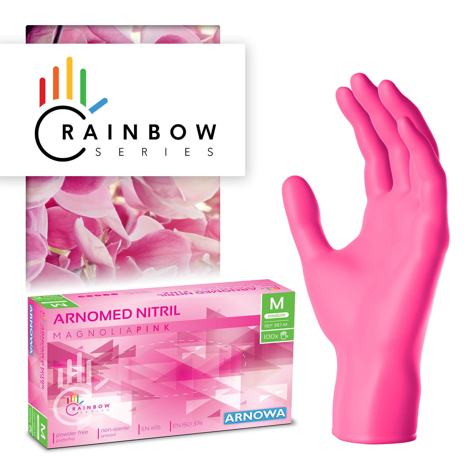 Produktverpackung der ARNOMED NITRIL MAGNOLIA PINK. Auf der rechten Seite sind die pinken Nitril Handschuhe abgebildet. Die linke Seite zeigt die Produktverpackung der Nitril Handschuhe in der Größe M.