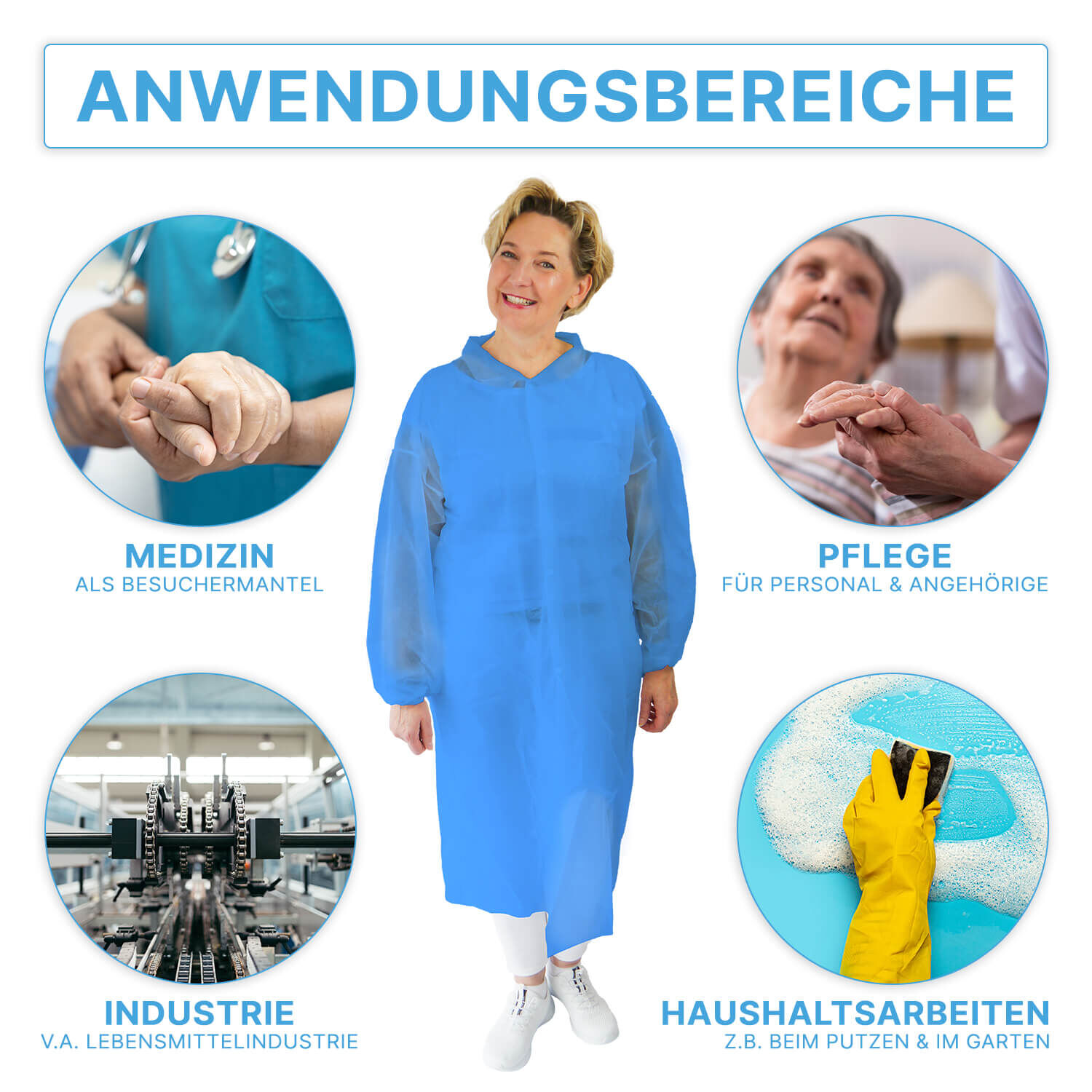Der Besuchermantel von ARNOMED ist besonders in der Medizin, der Pflege, der Industrie oder bei Haushaltsarbeiten beliebt.