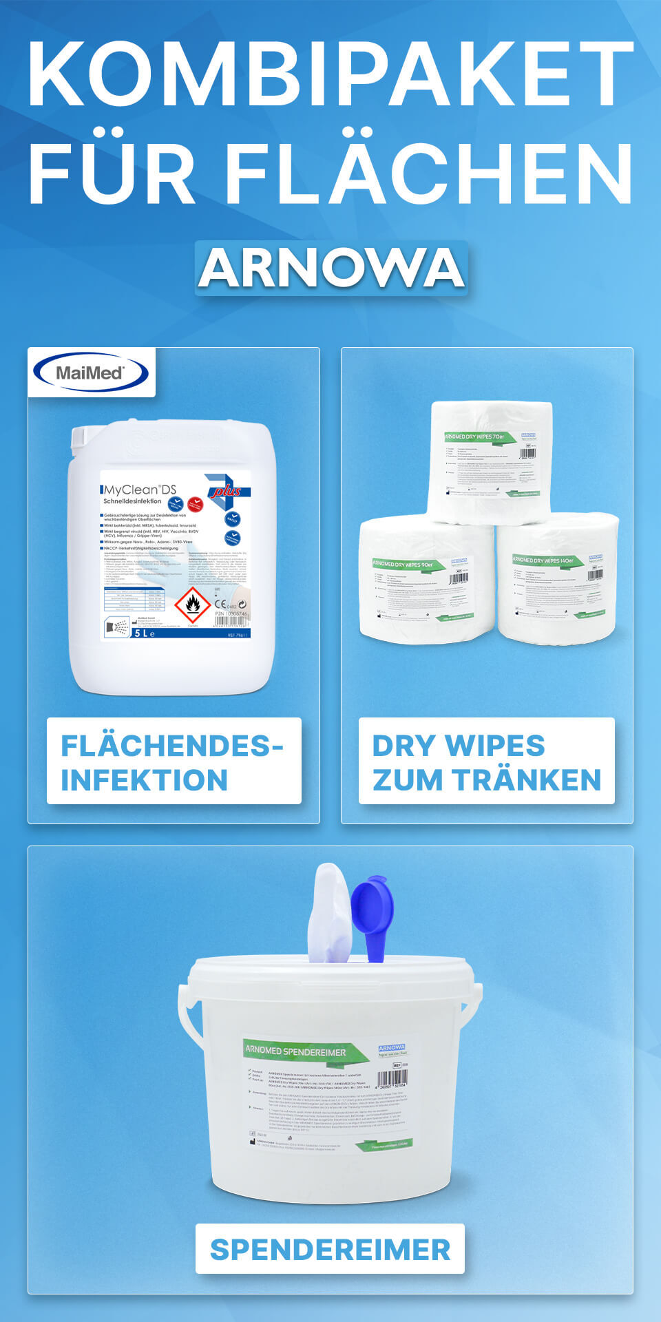 ARNOMED DRY WIPES + Eimer + Flächendesinfektion ARNOMED DRY WIPES + Eimer + Flächendesinfektion
