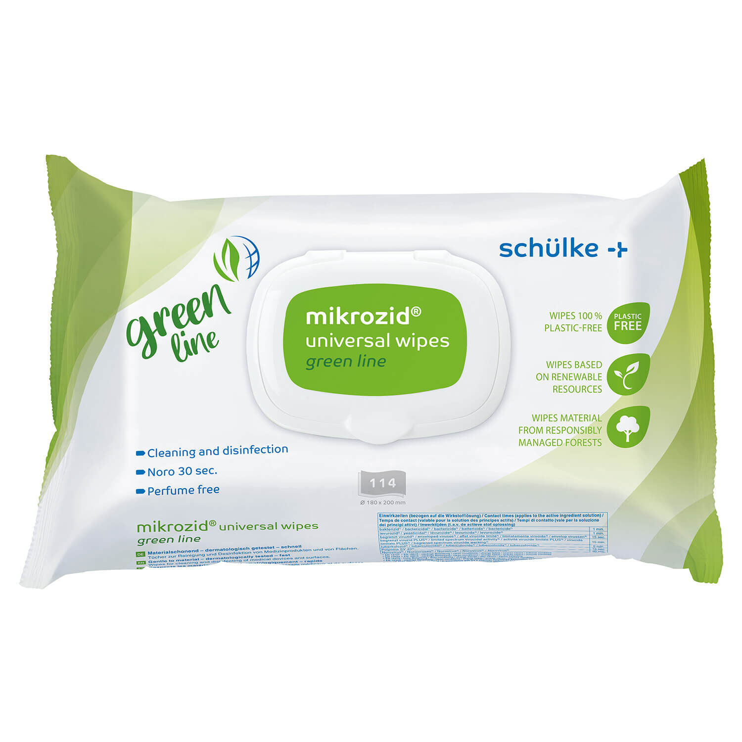 mikrozid® universal wipes  green line - Desinfektionstücher im Flowpack Alkoholfreie mikrozid sensitive wipes green line im 114-Stück-Flow-Pack