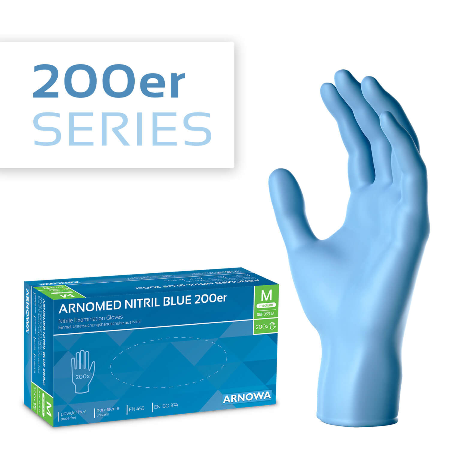 Produktverpackung der ARNOMED NITRIL BLUE 200er. Auf der rechten Seite sind die blauen Nitril Handschuhe abgebildet. Die linke Seite zeigt die Produktverpackung der Nitril Handschuhe in der Größe M.