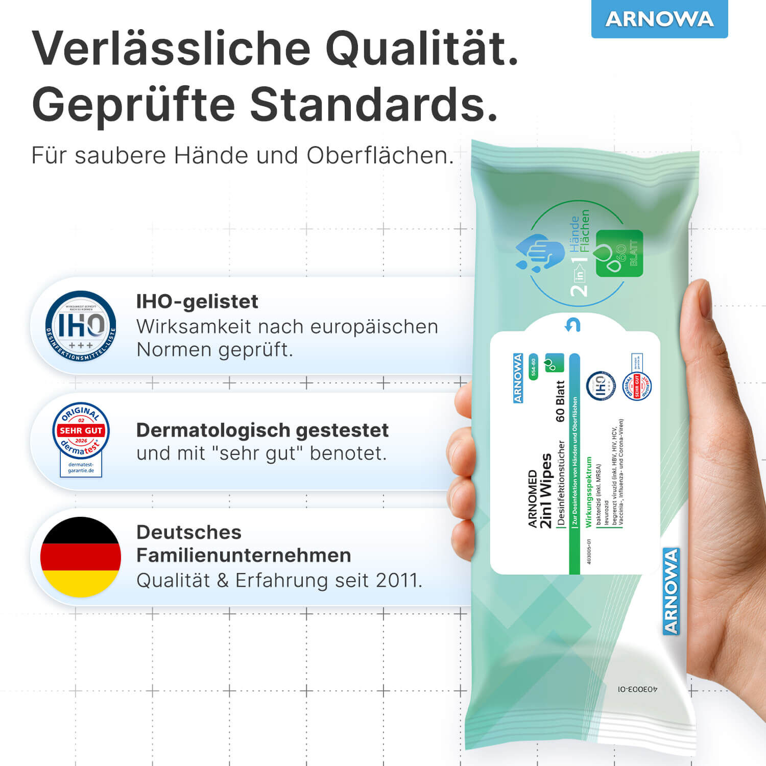 ARNOMED Desinfektionstücher 2-in-1 Qualitätsnachweise