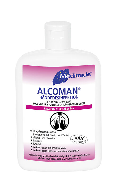 Flasche des Händedesinfektionsmittels von Alcoman in der 150ml-Größe