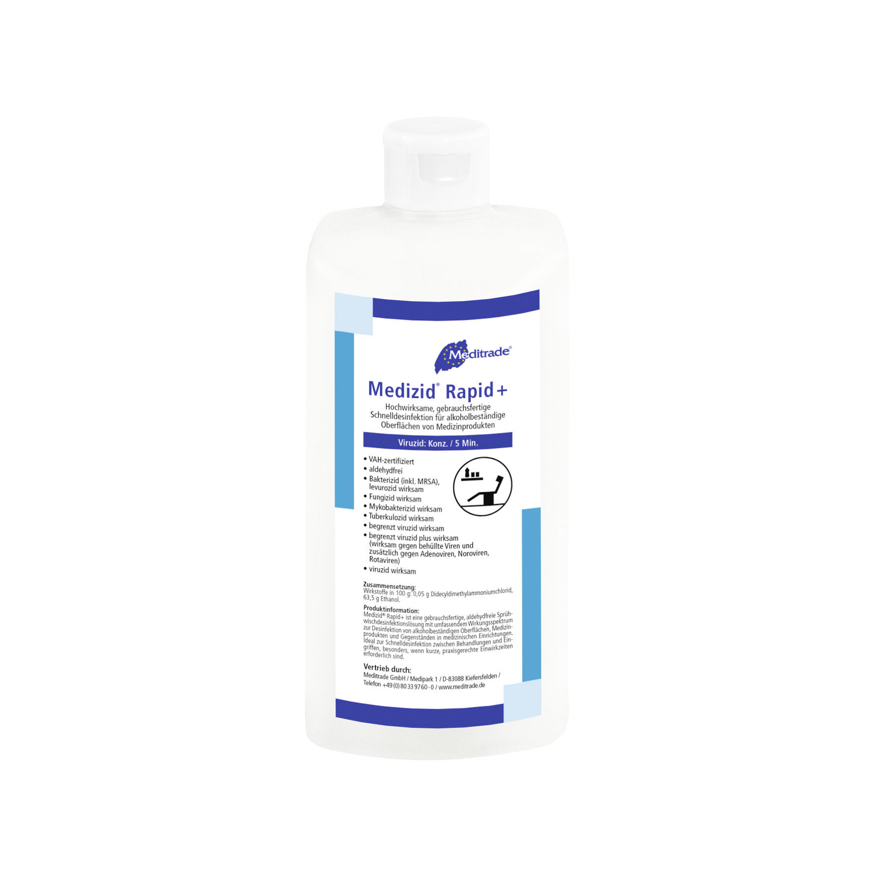 Medizid Rapid plus - Flächendesinfektionsmittel Medizin Rapid+ Schnelldesinfektion für alkoholbeständige Oberflächen von Medizinprodukten in der 500ml-Flasche