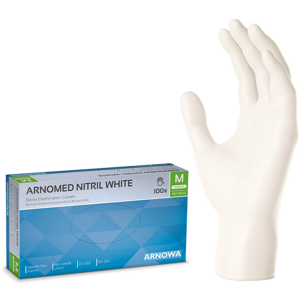 301-m Produktverpackung der ARNOMED NITRIL WHITE. Auf der rechten Seite sind die weißen Nitril Handschuhe abgebildet. Die linke Seite zeigt die Produktverpackung der Nitril Handschuhe in der Größe M.