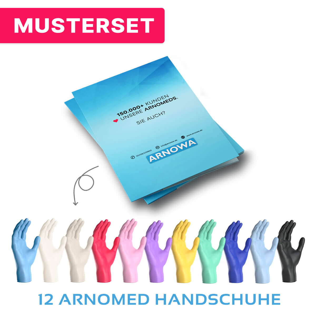 ARNOMED NITRIL – MUSTERSET mit Einmalhandschuhen in bunt ARNOMED Musterset mit 12 verschiedenen Varianten von Nitril Handschuhen, Latex Handschuhen und Vinyl Handschuhen. Mittig befindet sich die Produktverpackung. Im unteren Bildbereich sind mehrere bunte Handschuhe nebeneinander dargestellt.