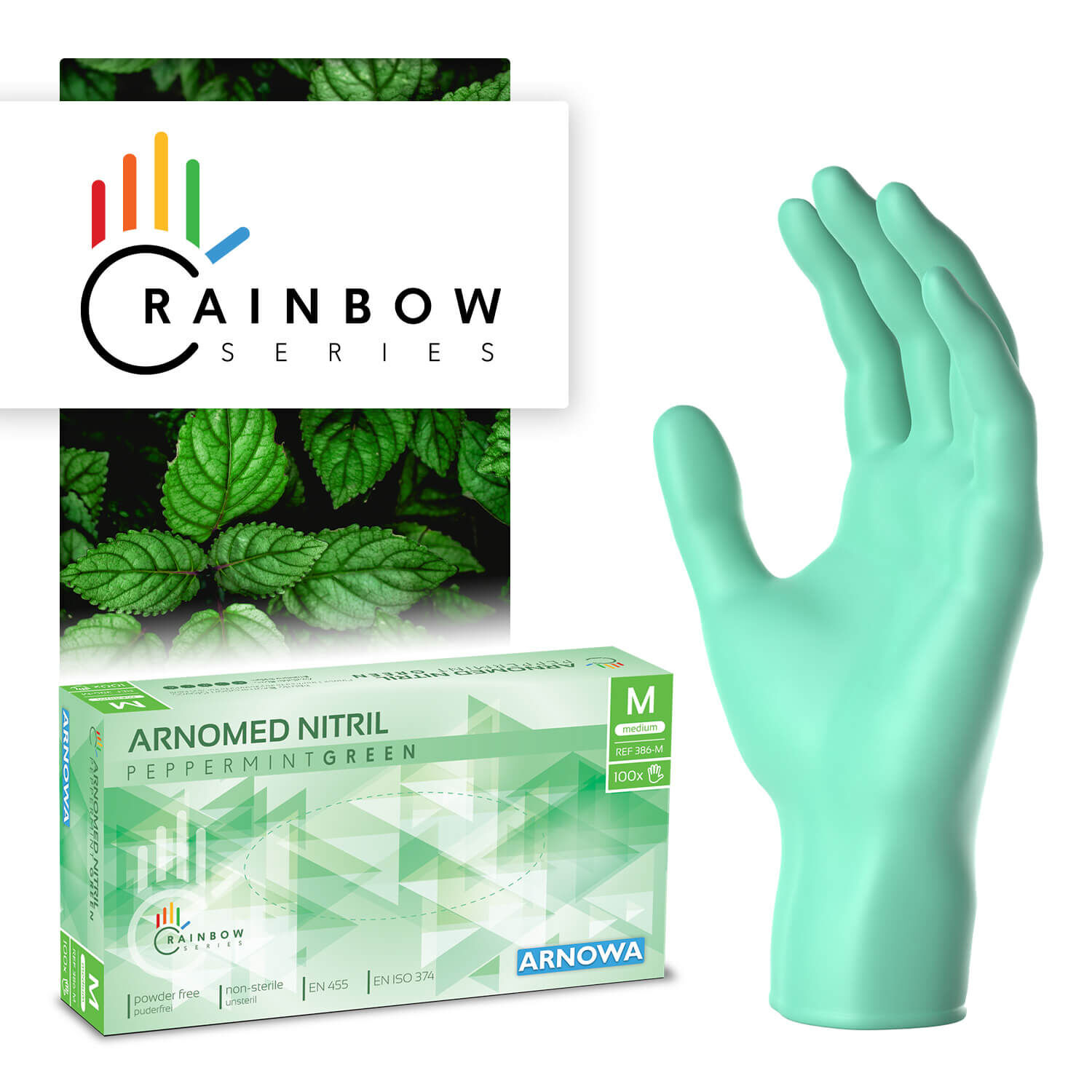 386-M Produktverpackung der ARNOMED NITRIL PEPPERMINT GREEN. Auf der rechten Seite sind die mintgrünen Nitril Handschuhe abgebildet. Die linke Seite zeigt die Produktverpackung der Nitril Handschuhe in der Größe M.
