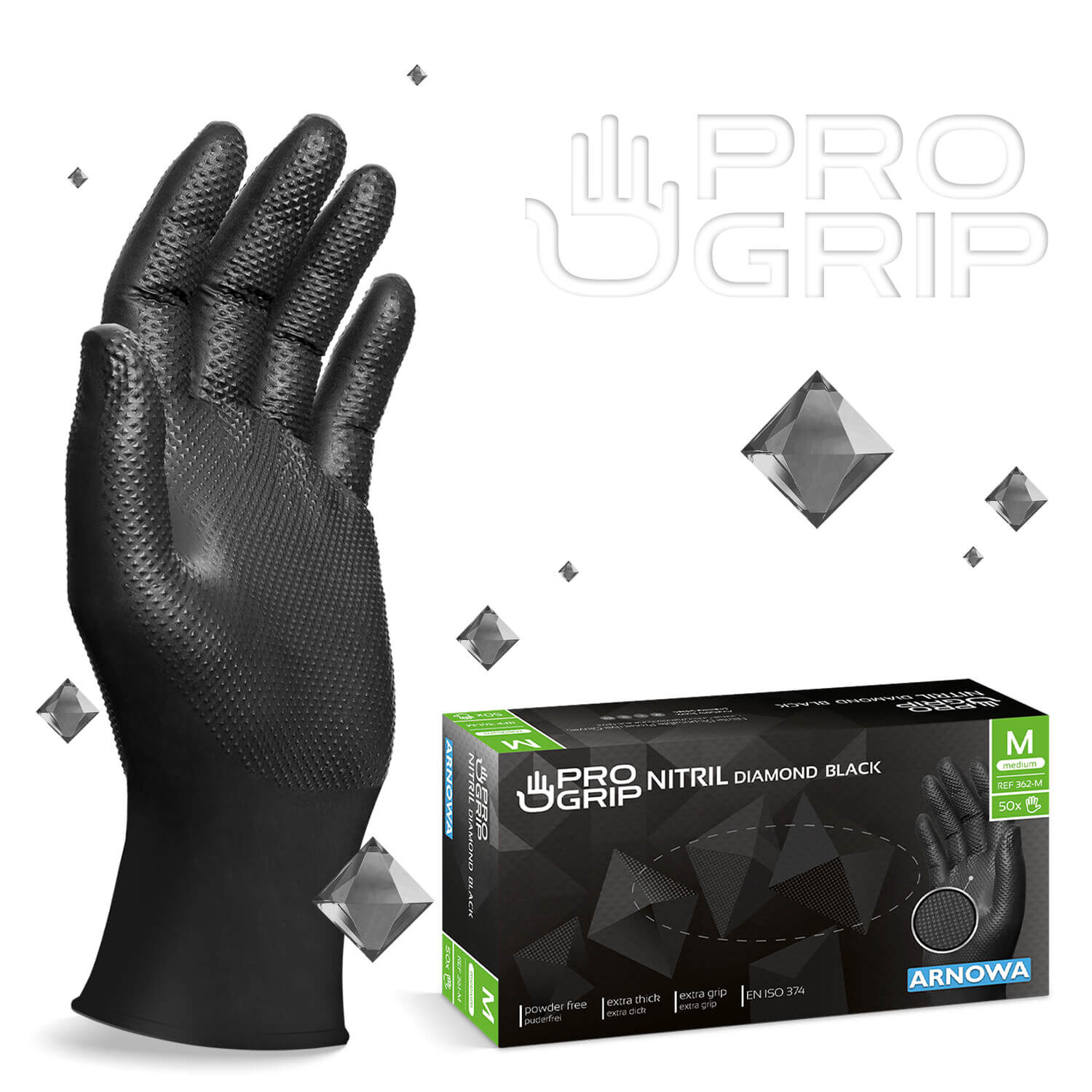 Produktverpackung der PROGRIP NITRIL DIAMOND BLACK. Auf der rechten Seite sind die schwarzen Nitril Handschuhe abgebildet. Die linke Seite zeigt die Produktverpackung der Nitril Handschuhe in der Größe M.