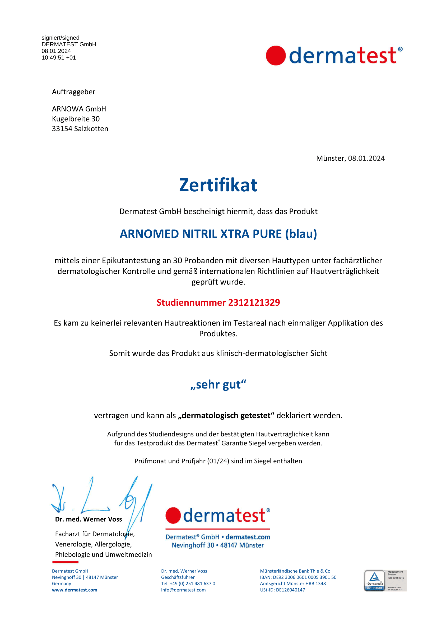 Dermatest-Zertifikat ARNOMED Nitril Handschuhe