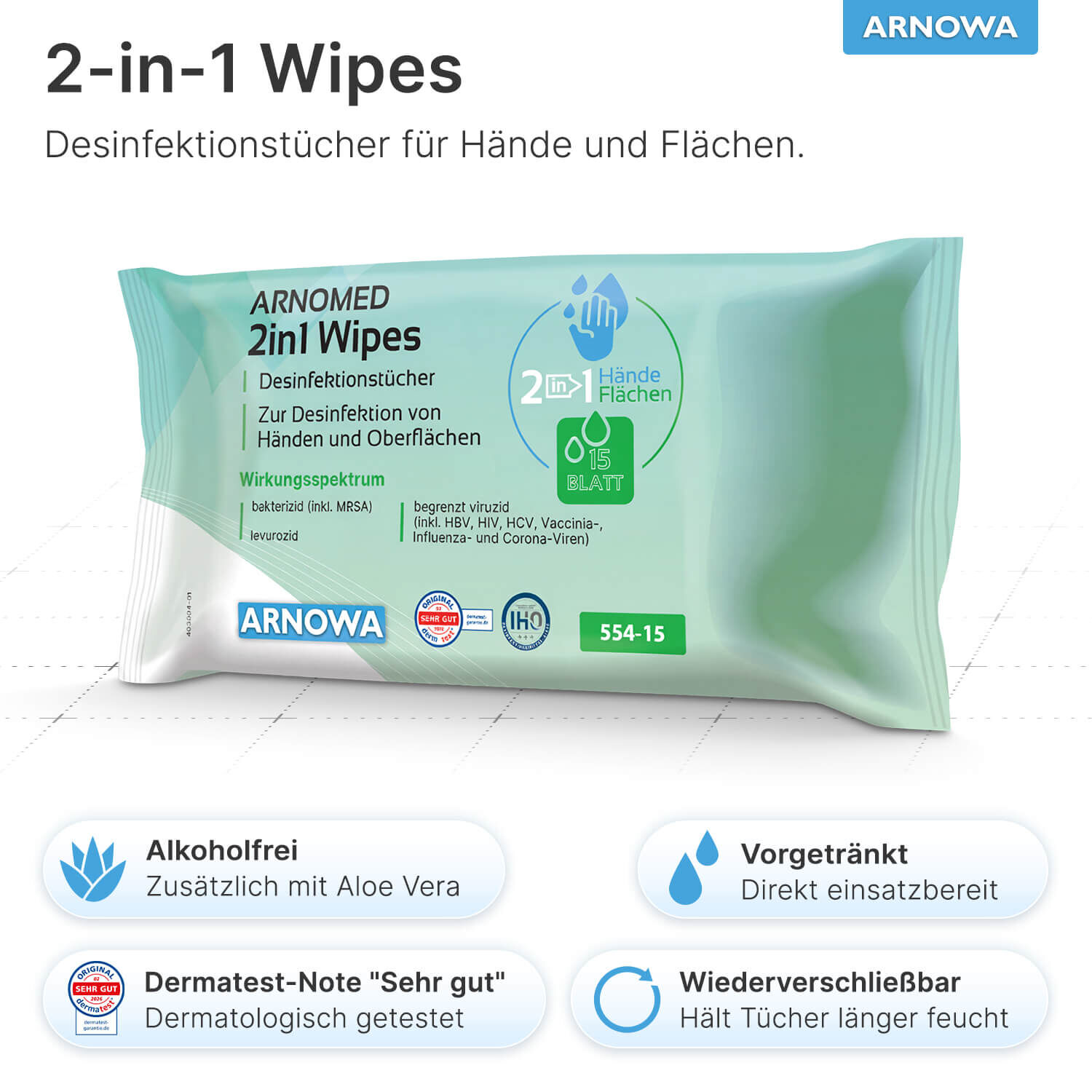 ARNOMED Desinfektionstücher 2-in-1 Eigenschaften