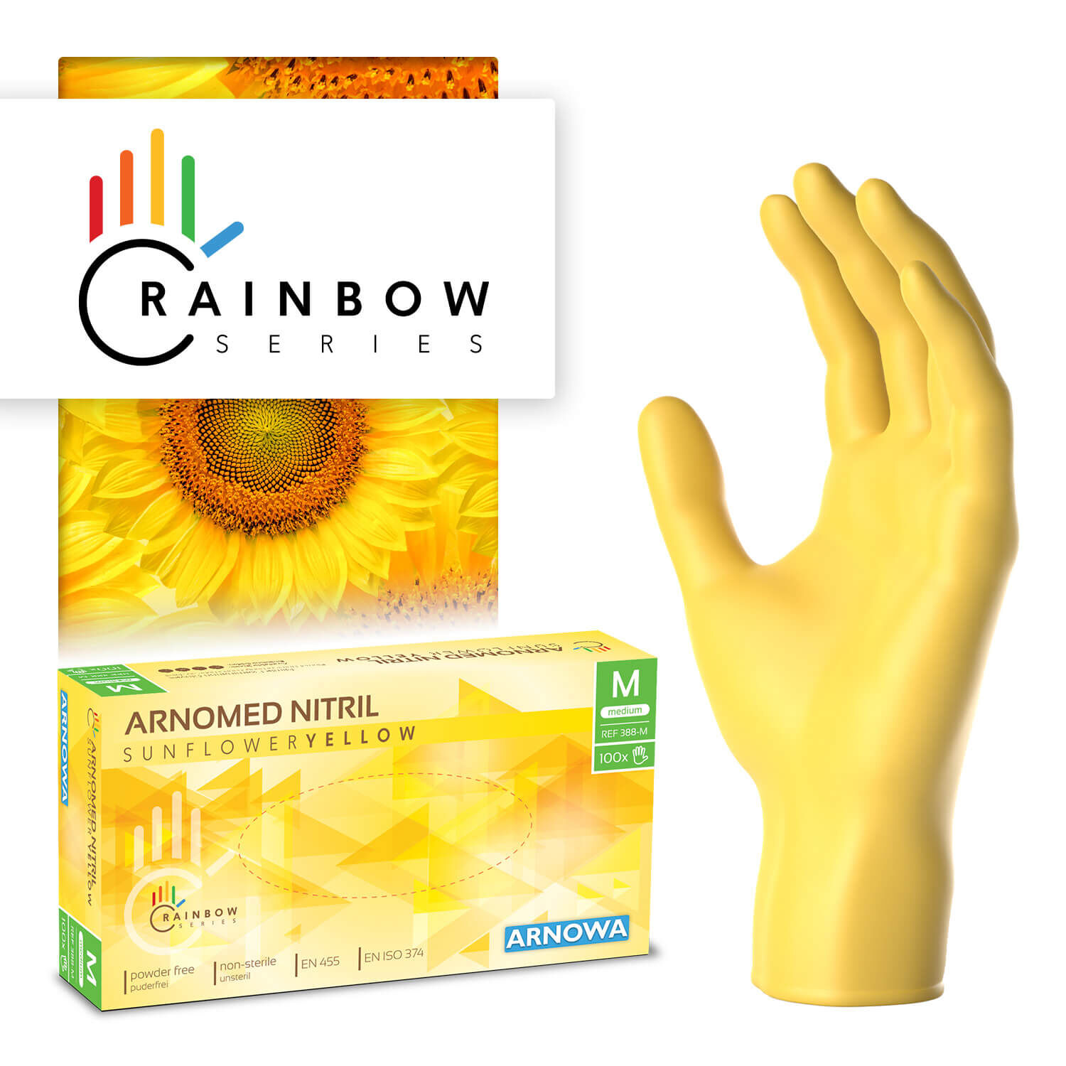 388-M Produktverpackung der ARNOMED NITRIL SUNFLOWER YELLOW. Auf der rechten Seite sind die gelben Nitril Handschuhe abgebildet. Die linke Seite zeigt die Produktverpackung der Nitril Handschuhe in der Größe M.