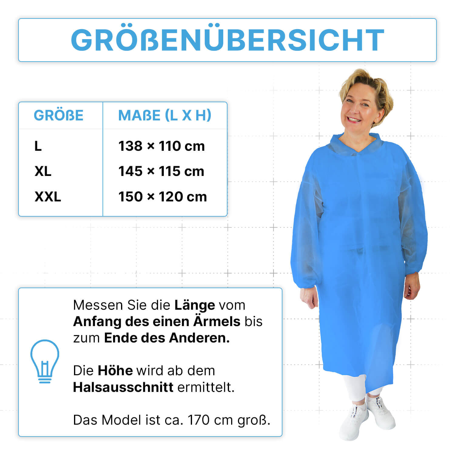 Der Besuchermantel von ARNOMED ist in den Größen L, XL und XXL erhältlich.