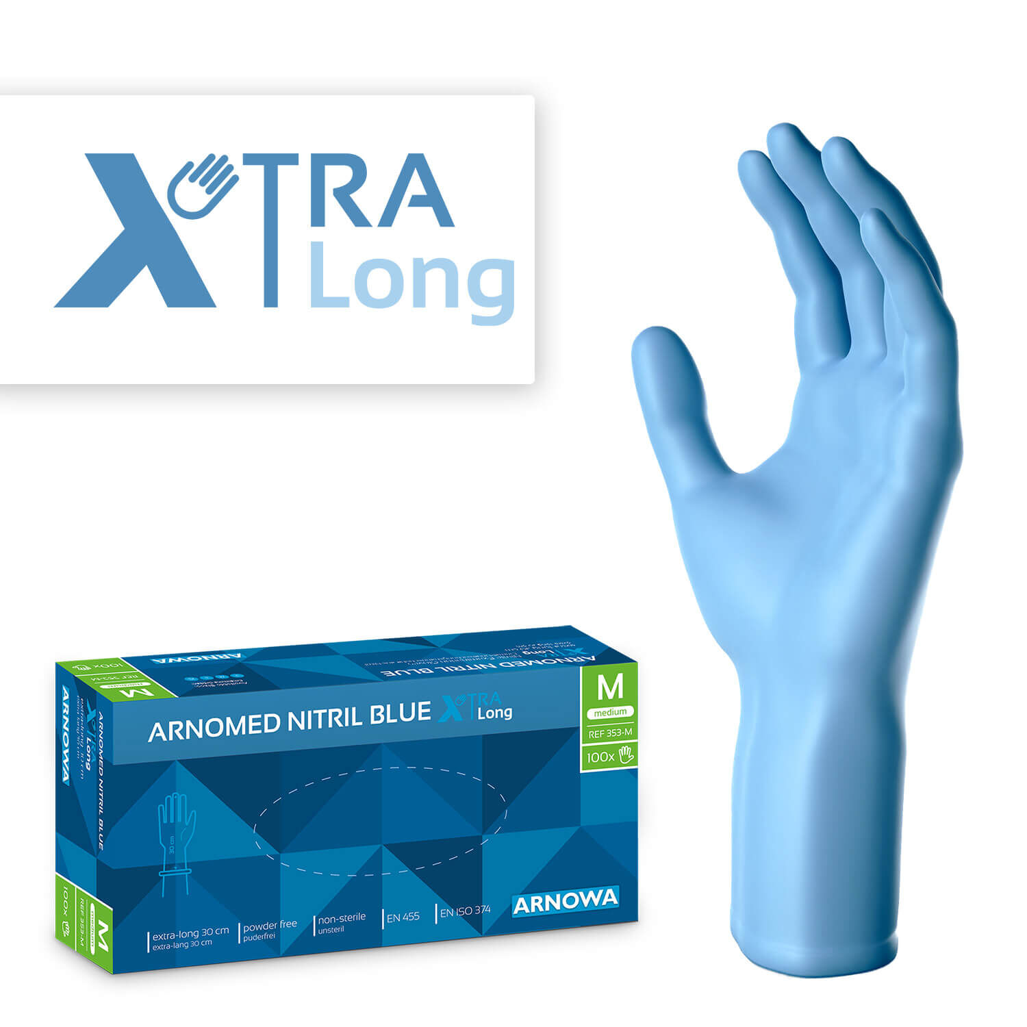 Produktverpackung der ARNOMED NITRIL BLUE XTRA LONG. Auf der rechten Seite sind die extra langen Nitril Handschuhe abgebildet. Die linke Seite zeigt die Produktverpackung der Nitril Handschuhe in der Größe M.