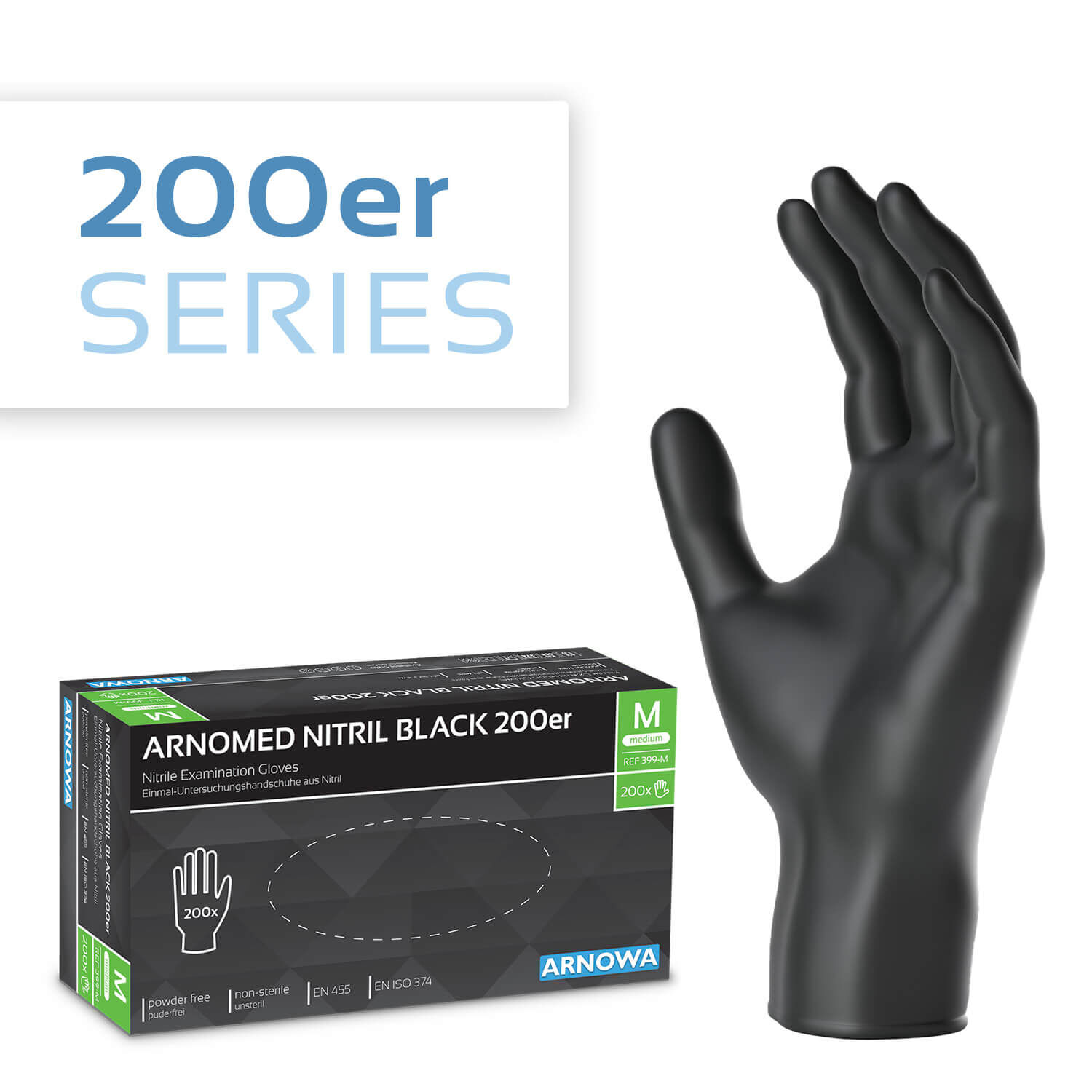 399-m-1 Produktverpackung der ARNOMED NITRIL BLACK 200er. Auf der rechten Seite sind die schwarzen Nitril Handschuhe abgebildet.  Die linke Seite zeigt die Produktverpackung der Nitril Handschuhe in der Größe M.