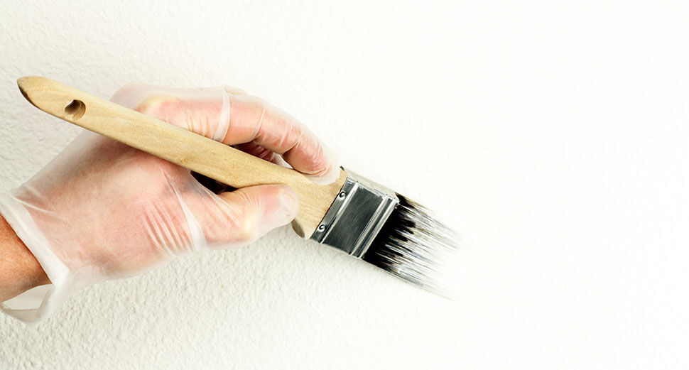vinylhandschuhe-industrie Eine Person trägt transparente Vinyl Handschuhe und hält einen Pinsel in der Hand, mit dem sie die Wand streicht.