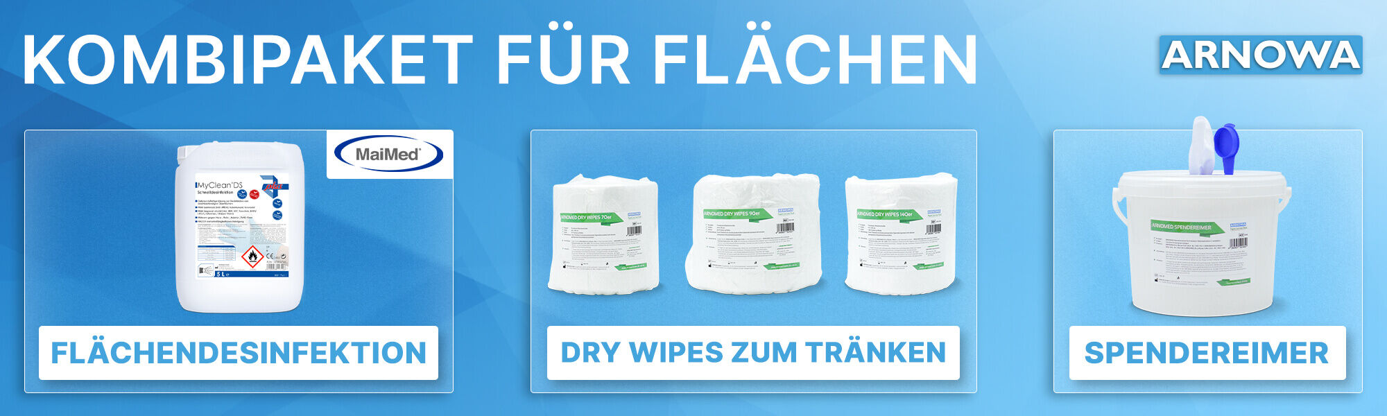 ARNOMED DRY WIPES + Eimer + Flächendesinfektion ARNOMED DRY WIPES + Eimer + Flächendesinfektion