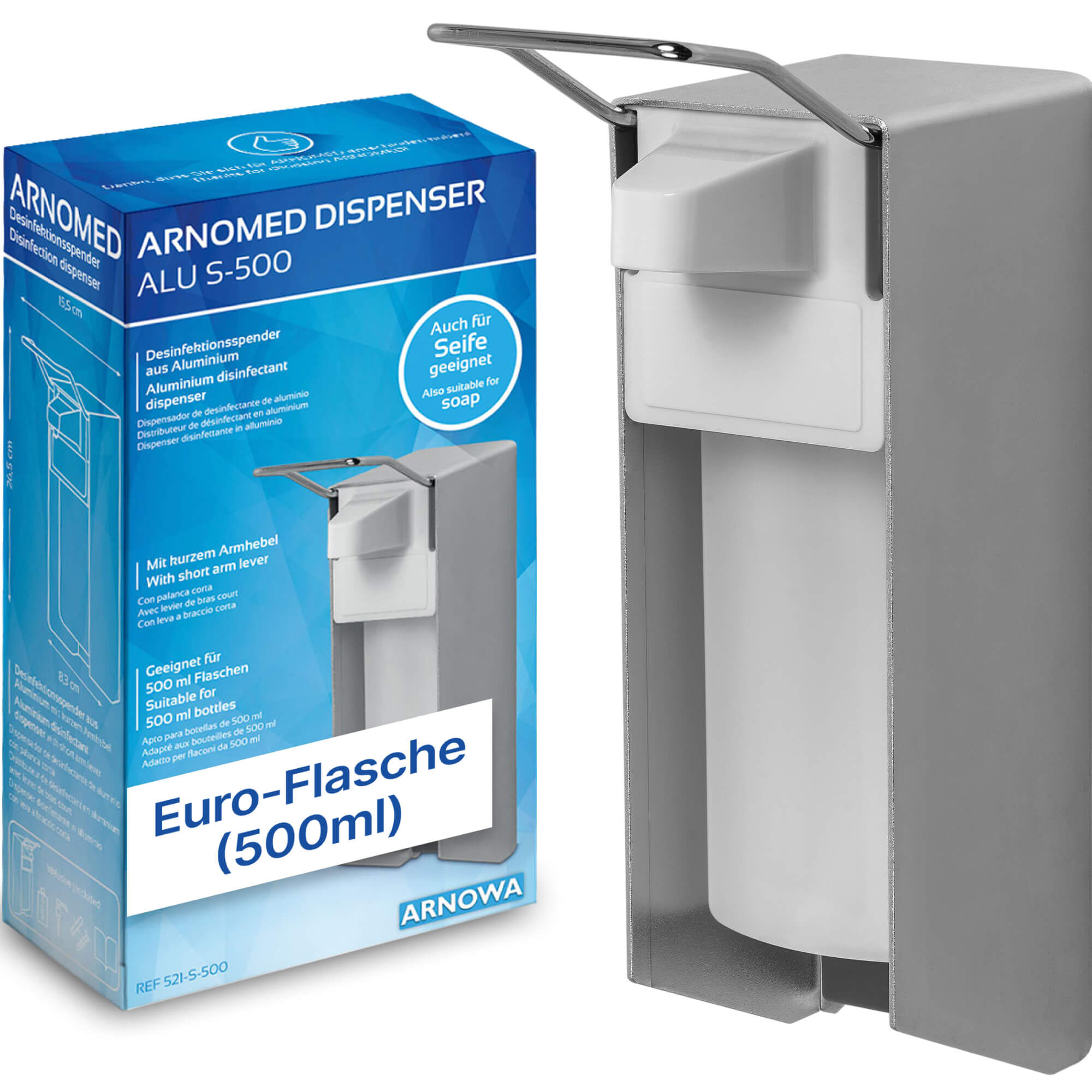 ARNOMED DISPENSER | 500ml | Kurzer Hebel - Desinfektionsspender Aluminium