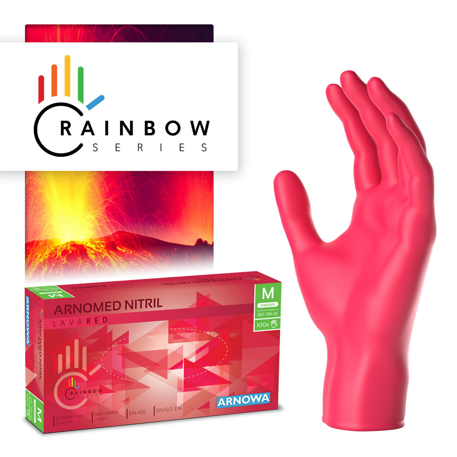 384-M  Produktverpackung der ARNOMED NITRIL LAVA RED. Auf der rechten Seite sind die roten Nitril Handschuhe abgebildet. Die linke Seite zeigt die Produktverpackung der Nitril Handschuhe in der Größe M.