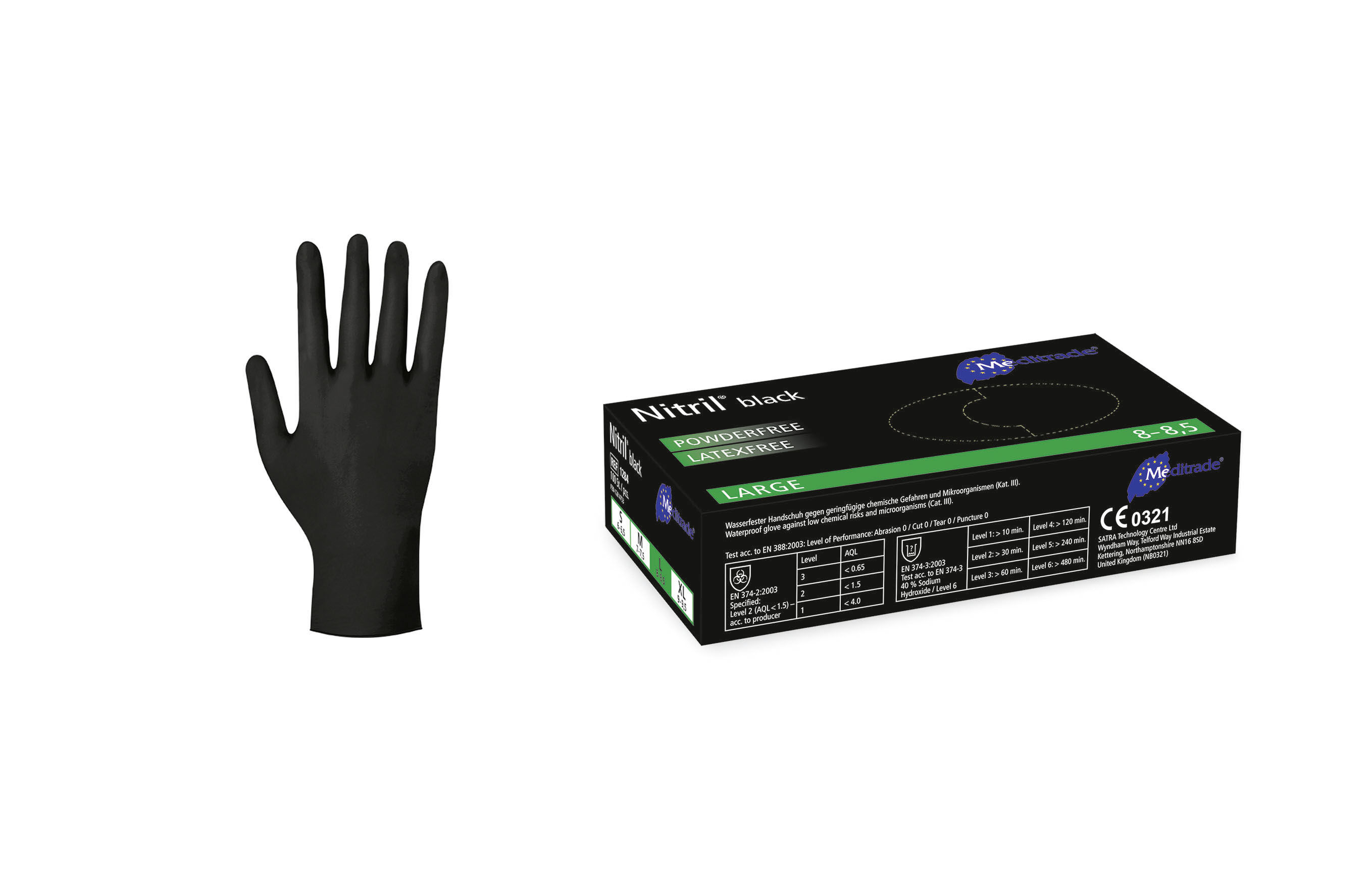 Meditrade Nitril Black - Nitrilhandschuhe Auf der rechten Seite ist die Produktverpackung der schwarzen Nitrilhandschuhe von Meditrade zu sehen. Auf der linken Seite ist der angezogene Einweghandschuhe aus Nitril zu sehen.
