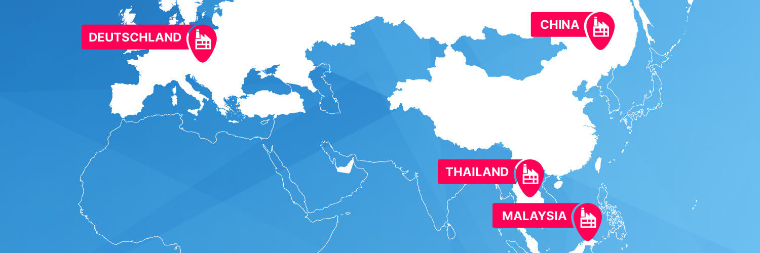 Ausschnitt der Weltkarte mit Kennzeichnung der Produktionspartner in Deutschland, China, Malaysia und Thailand.