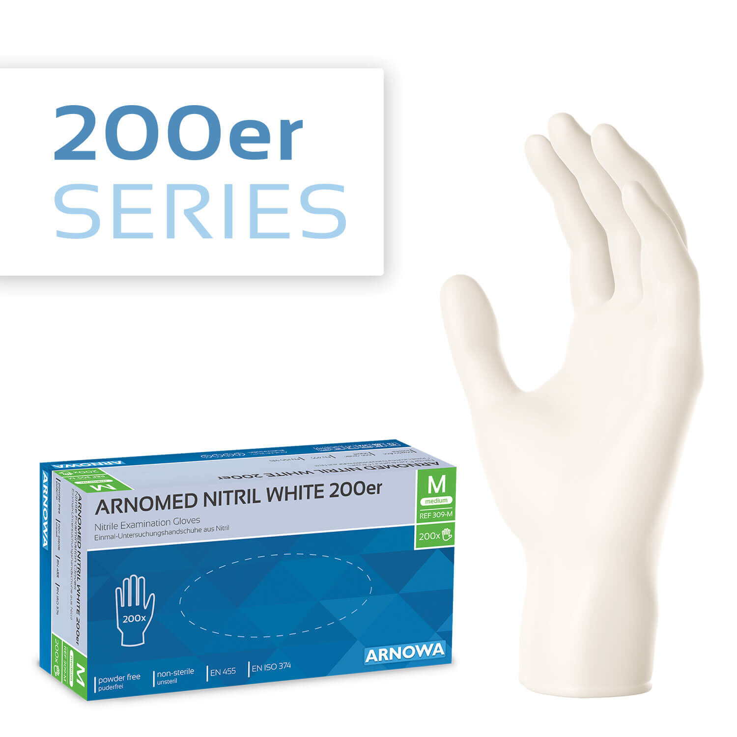 Produktverpackung der ARNOMED NITRIL WHITE 200er. Auf der rechten Seite sind die weißen Nitril Handschuhe abgebildet. Die linke Seite zeigt die Produktverpackung der Nitril Handschuhe in der Größe M.