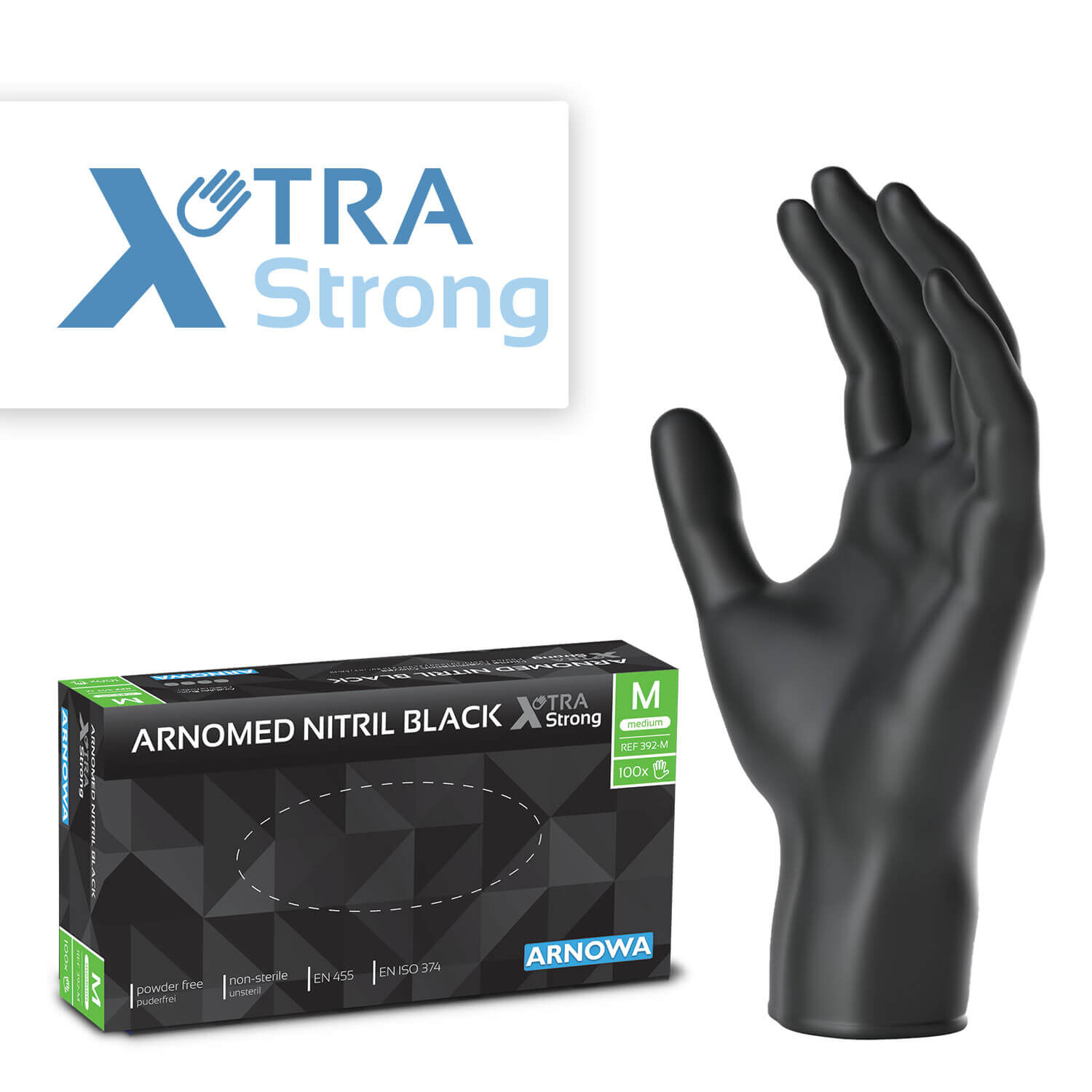 Produktverpackung der ARNOMED NITRIL BLACK XTRA STRONG. Auf der rechten Seite sind die extra dicken Nitril Handschuhe abgebildet. Die linke Seite zeigt die Produktverpackung der Nitril Handschuhe in der Größe M.