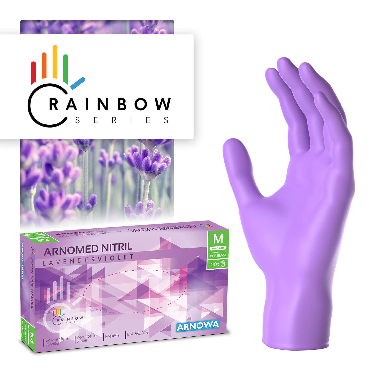 Produktverpackung der ARNOMED NITRIL LAVENDER VIOLET. Auf der rechten Seite sind die lilafarbenen Nitril Handschuhe abgebildet. Die linke Seite zeigt die Produktverpackung der Nitril Handschuhe in der Größe M.